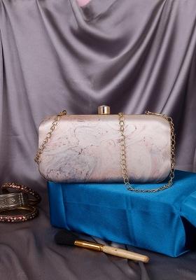 Cream Coloured Gold Toned Printed Box Clutch