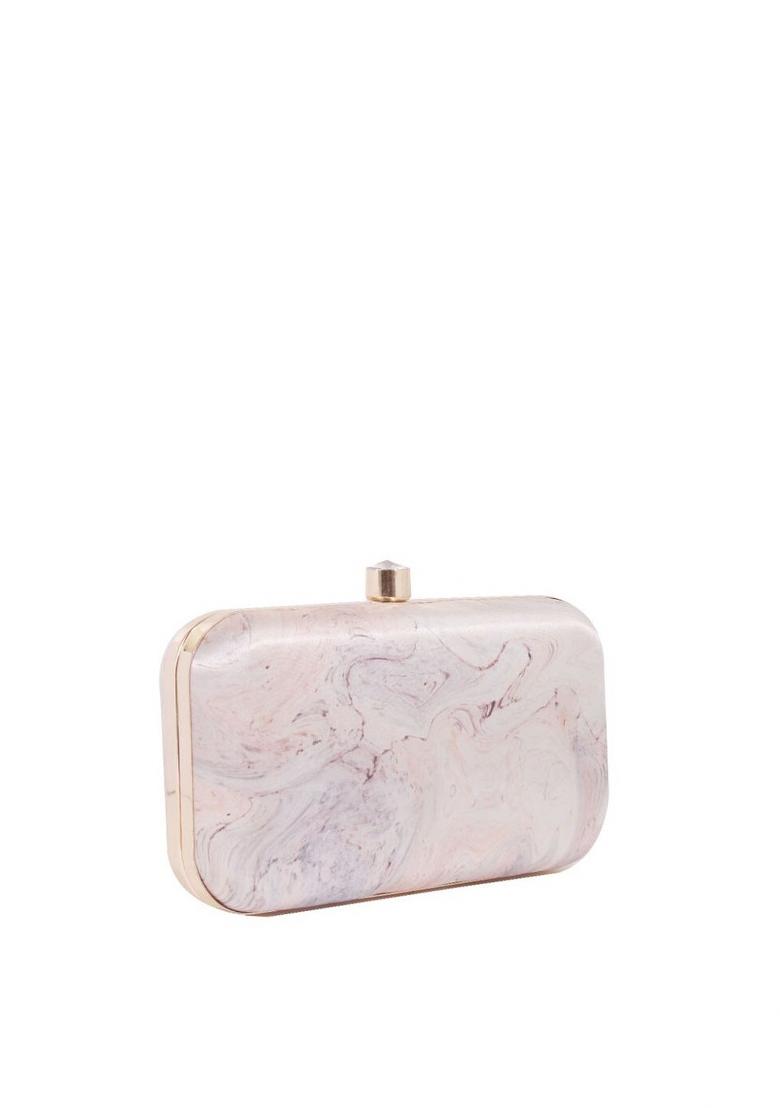 Cream Coloured Gold Toned Printed Box Clutch - Indya