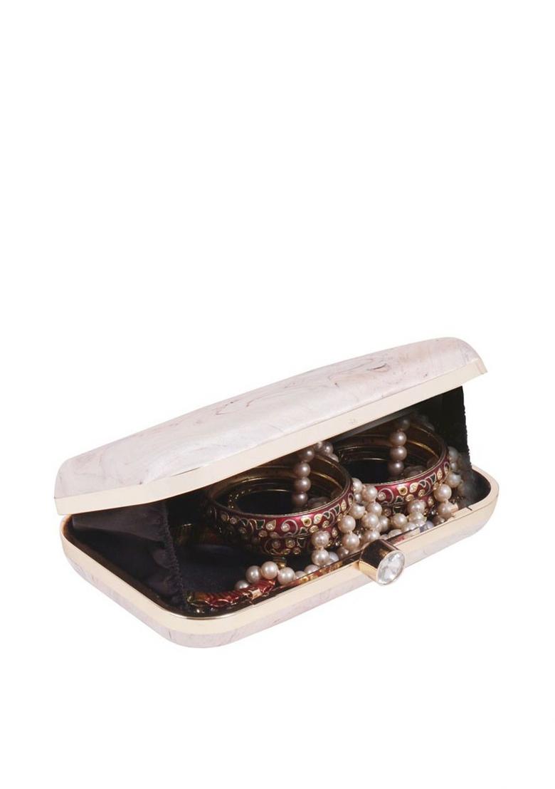 Cream Coloured Gold Toned Printed Box Clutch - Indya