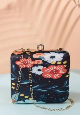 Navy Blue Gold Toned Printed Box Clutch