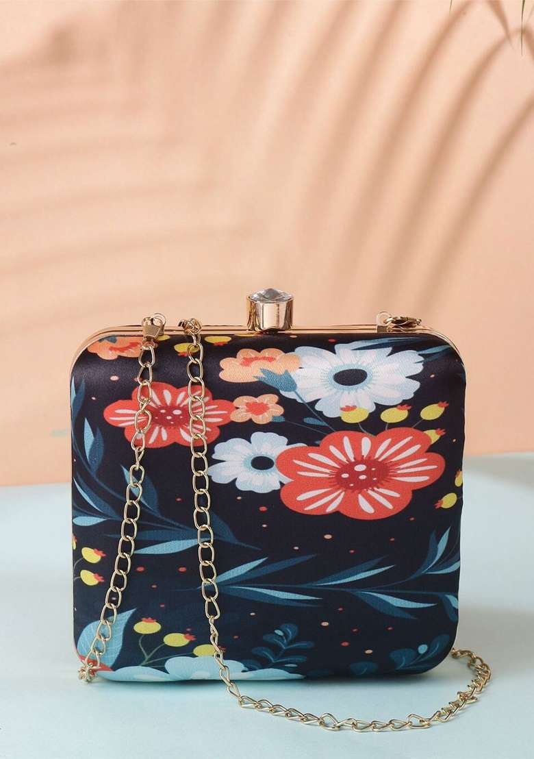 Navy Blue Gold Toned Printed Box Clutch - Indya