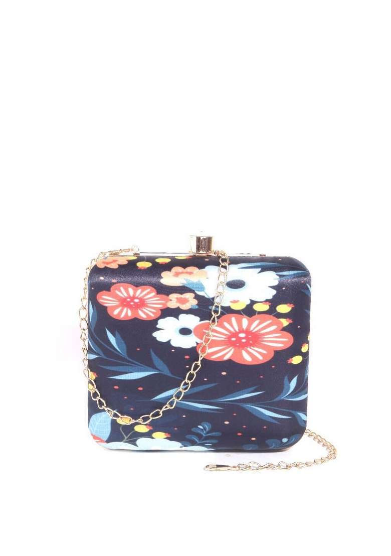 Navy Blue Gold Toned Printed Box Clutch - Indya