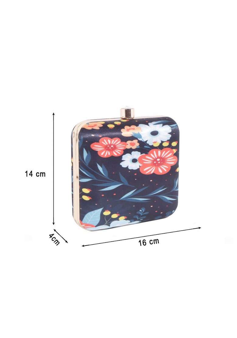 Navy Blue Gold Toned Printed Box Clutch - Indya