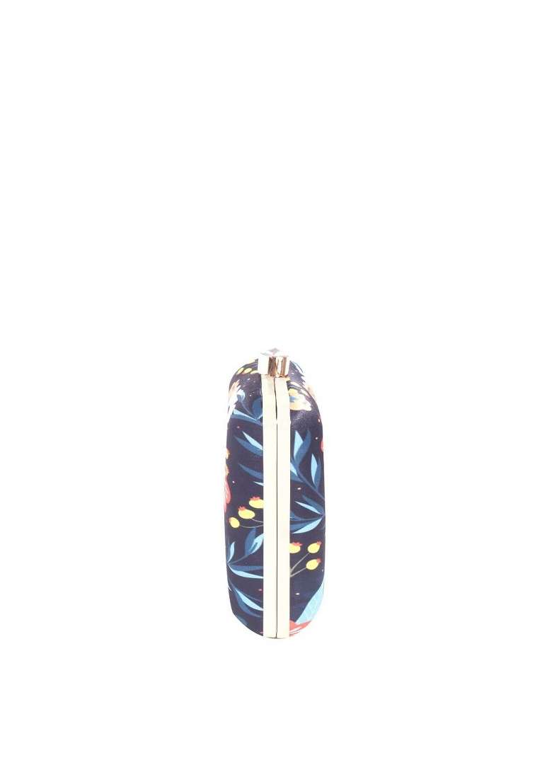 Navy Blue Gold Toned Printed Box Clutch - Indya