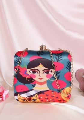 Red Blue Printed Box Clutch
