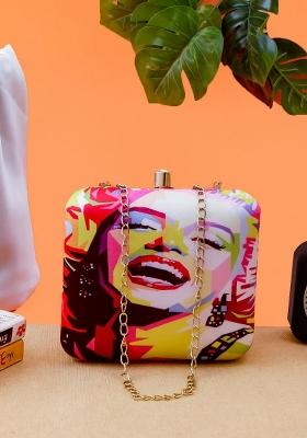 Red Gold Toned Printed Box Clutch