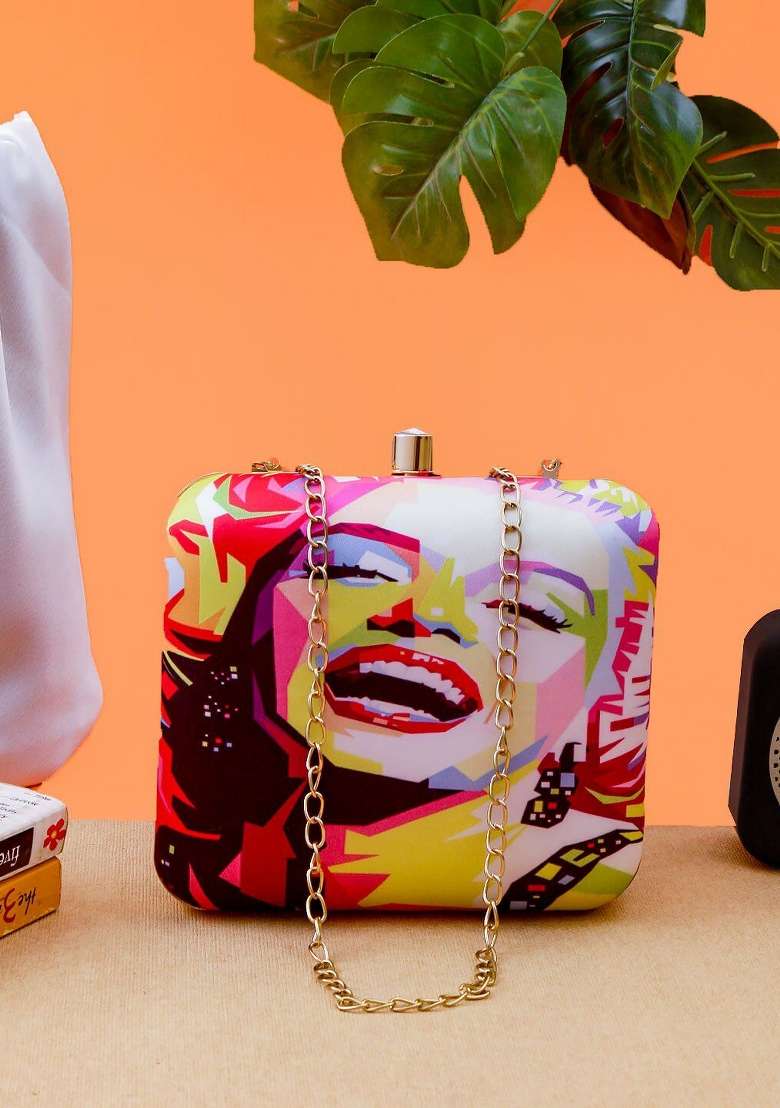 Red Gold Toned Printed Box Clutch - Indya