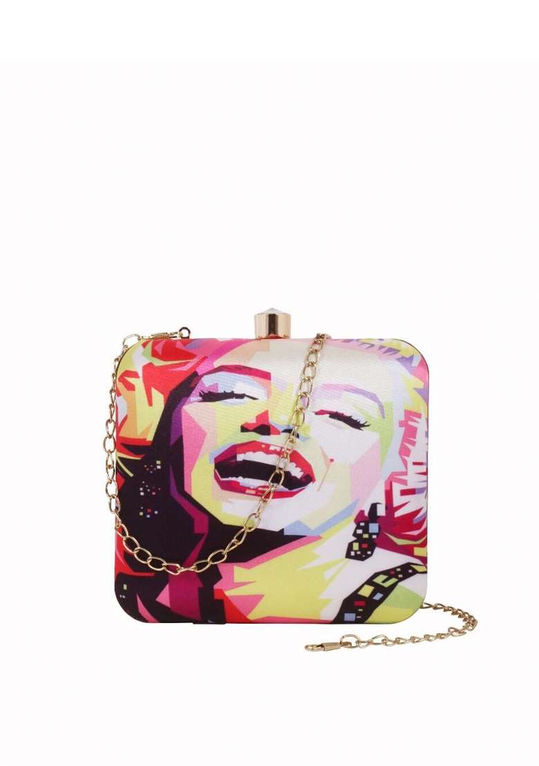 Red Gold Toned Printed Box Clutch - Indya