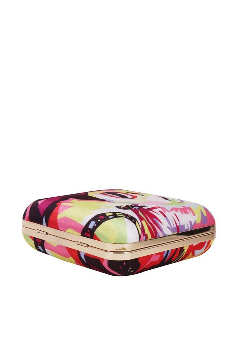 Red Gold Toned Printed Box Clutch - Indya