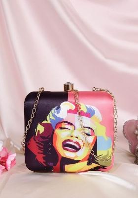 Women Black Peach Coloured Printed Box Clutch