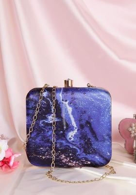 Women Blue White Printed Box Clutch