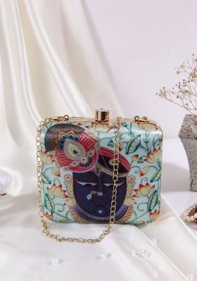 Women Sea Green Blue Printed Box Clutch With Shoulder Strap