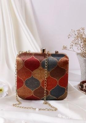 Brown Blue Printed Box Clutch