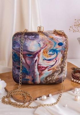 Blue White Printed Box Clutch