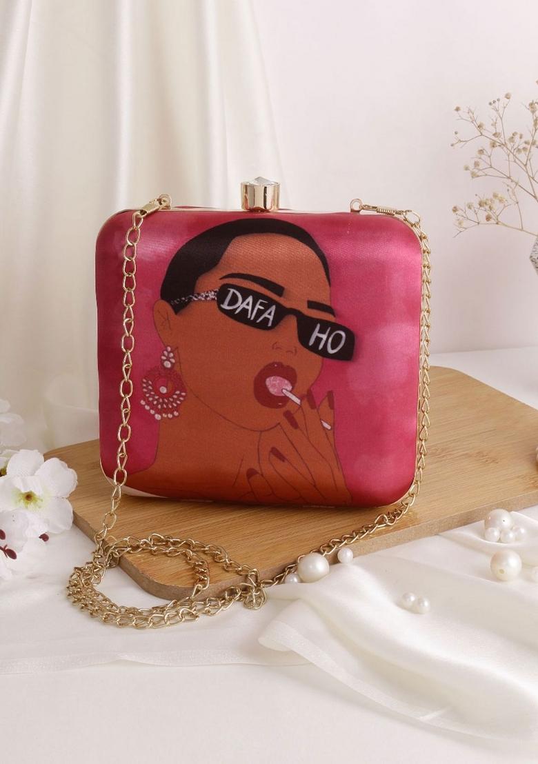 Women Pink Brown Printed Box Clutch With Shoulder Strap