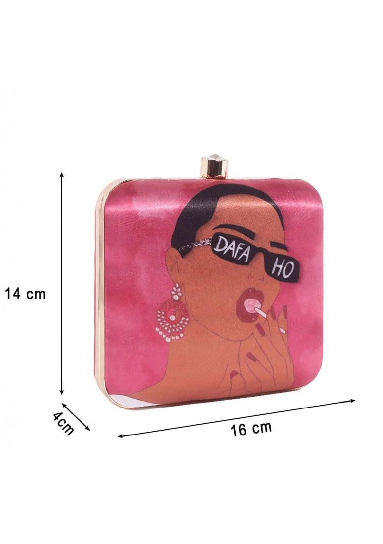 Women Pink Brown Printed Box Clutch With Shoulder Strap
