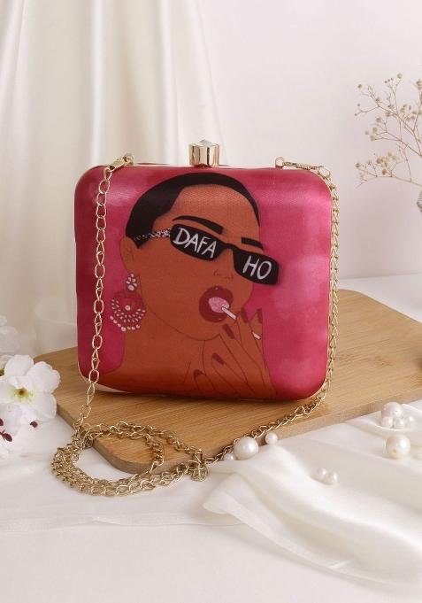 Women Pink Brown Printed Box Clutch With Shoulder Strap