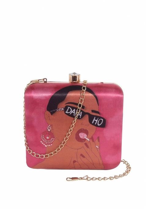 Women Pink Brown Printed Box Clutch With Shoulder Strap