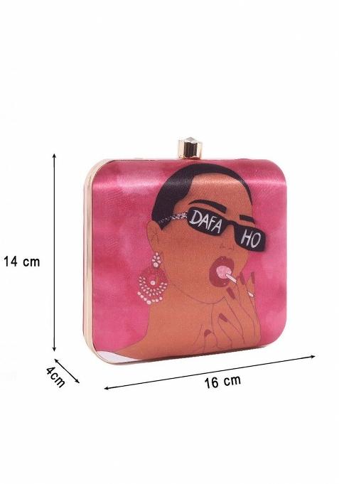 Women Pink Brown Printed Box Clutch With Shoulder Strap
