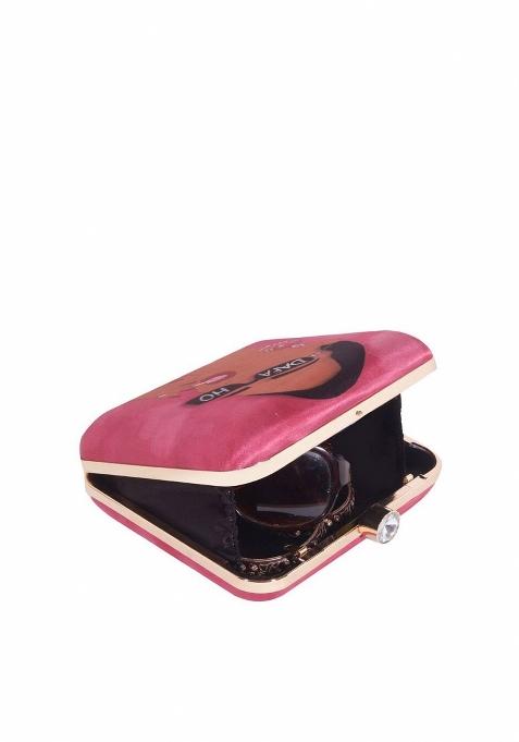 Women Pink Brown Printed Box Clutch With Shoulder Strap