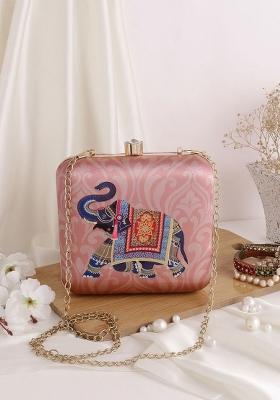 Women Brown Pink Printed Box Clutch