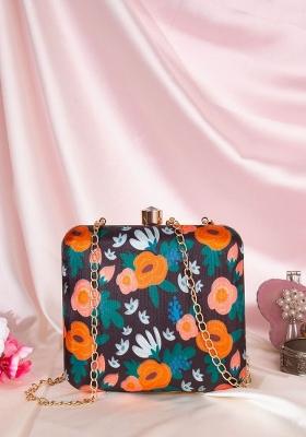 Women Black Orange Floral Printed Box Clutch