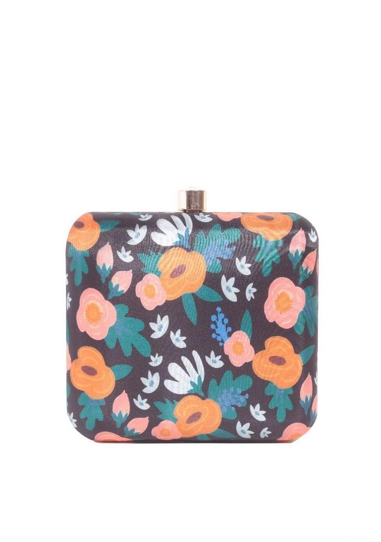 Women Black Orange Floral Printed Box Clutch