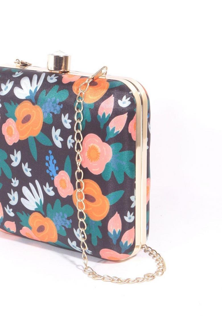 Women Black Orange Floral Printed Box Clutch