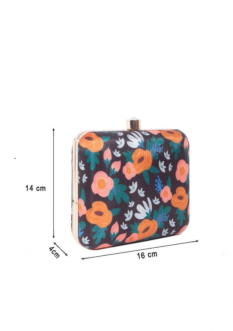 Women Black Orange Floral Printed Box Clutch