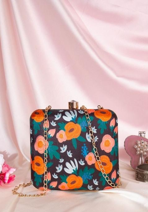 Women Black Orange Floral Printed Box Clutch