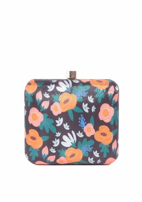 Women Black Orange Floral Printed Box Clutch