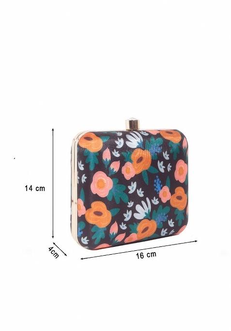 Women Black Orange Floral Printed Box Clutch