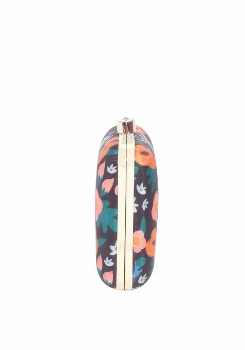 Women Black Orange Floral Printed Box Clutch