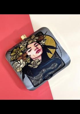 Grey Pink Printed Box Clutch