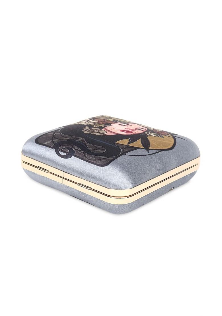 Grey Pink Printed Box Clutch - Indya