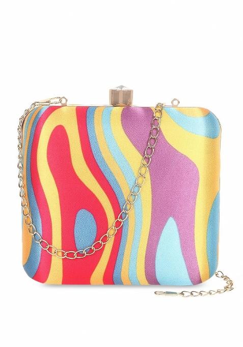 Multicoloured Printed Box Clutch