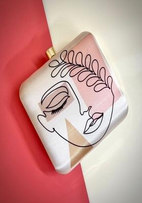 Cream Coloured Pink Printed Box Clutch