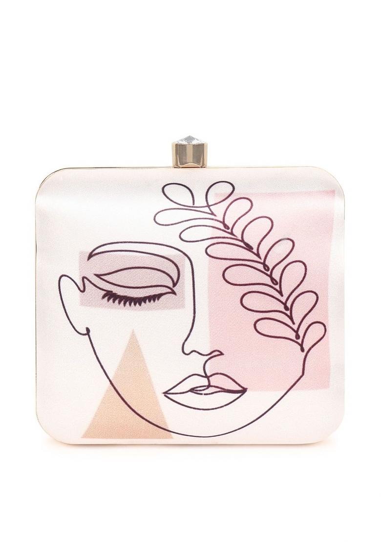 Cream Coloured Pink Printed Box Clutch - Indya