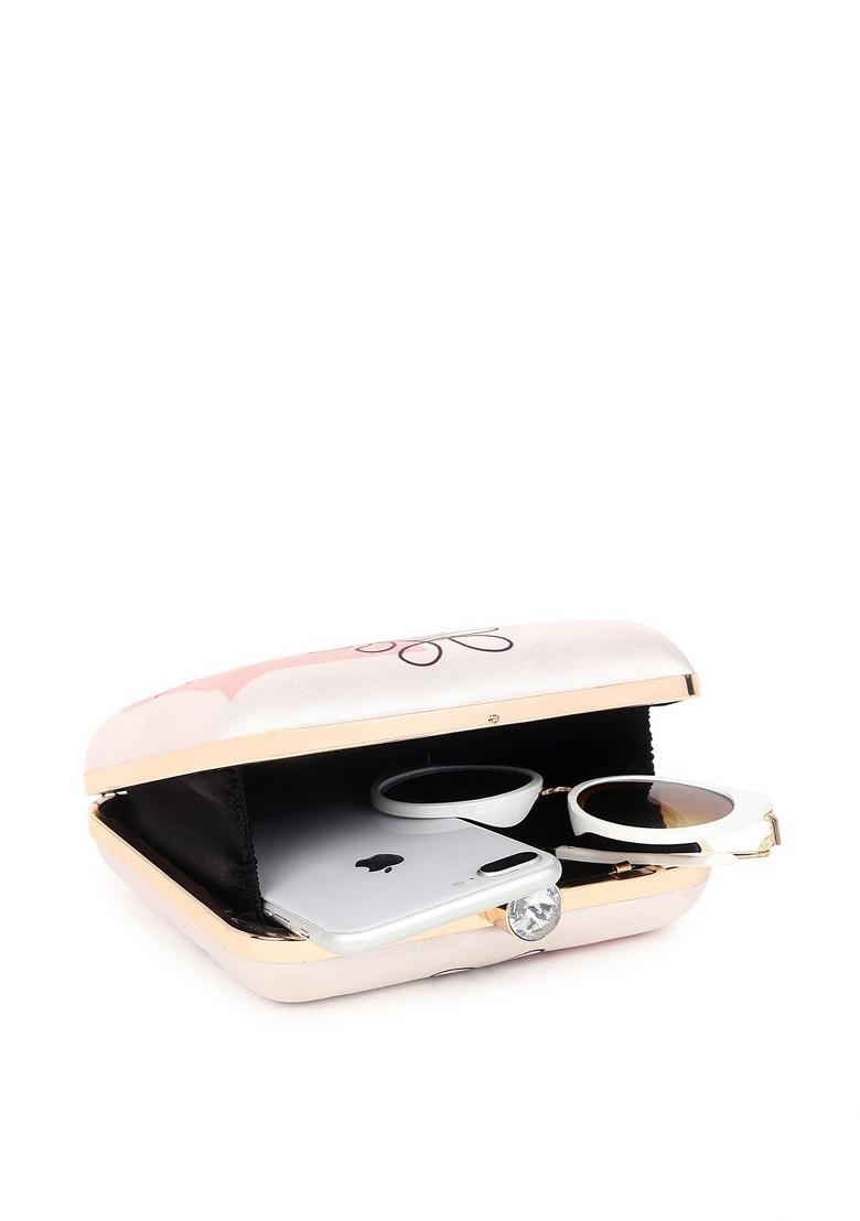 Cream Coloured Pink Printed Box Clutch - Indya
