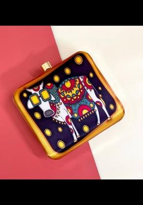 Women Mustard White Printed Box Clutch