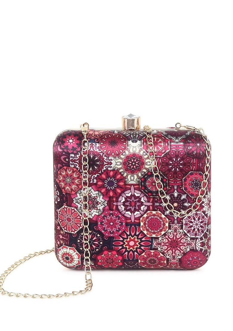 Maroon White Printed Box Clutch - Indya