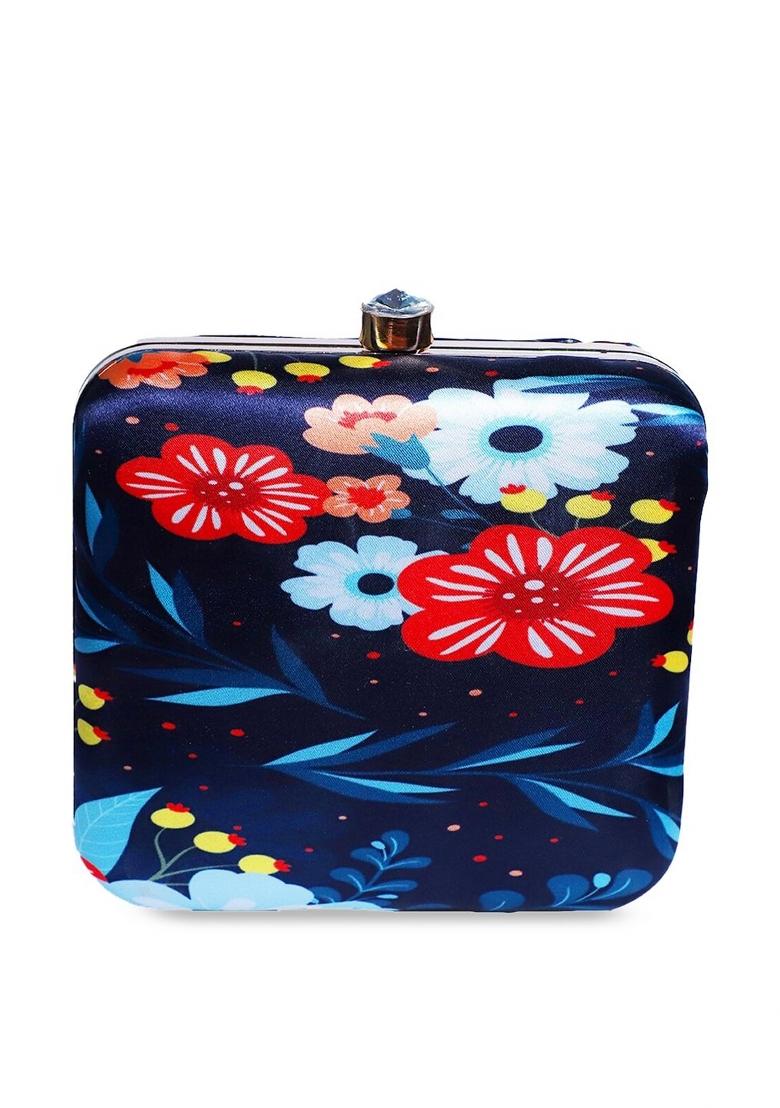 Navy Blue Floral Printed Structured Clutch