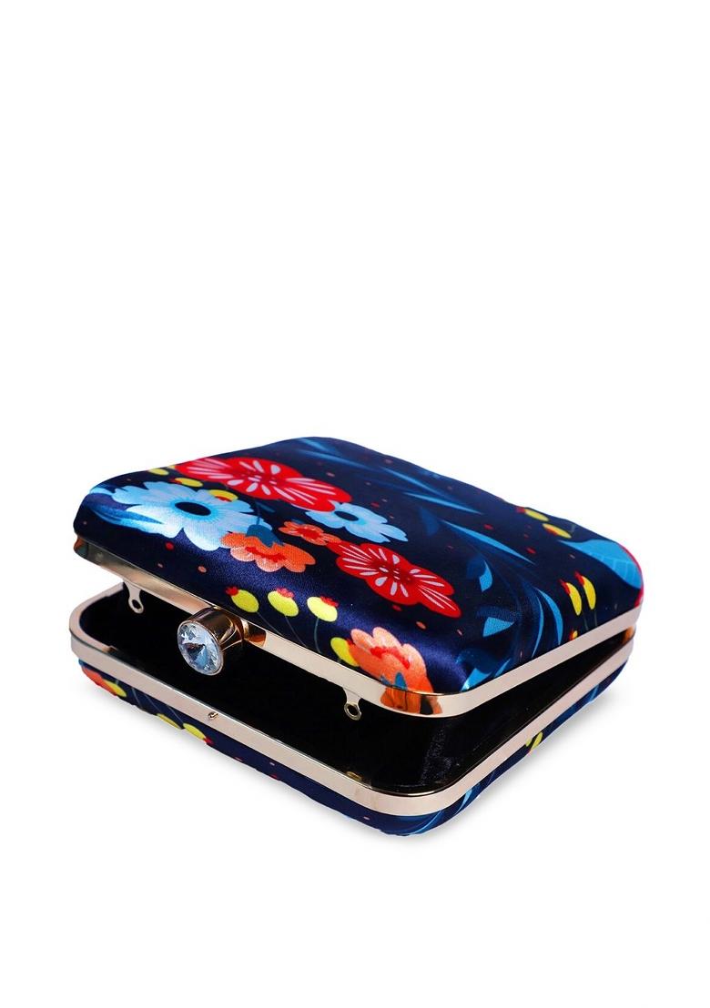Navy Blue Floral Printed Structured Clutch