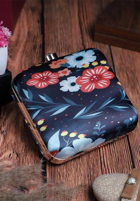 Navy Blue Floral Printed Structured Clutch