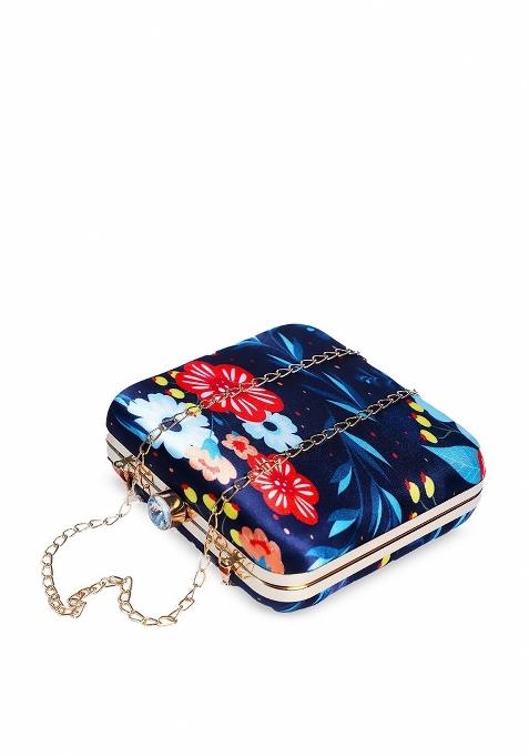 Navy Blue Floral Printed Structured Clutch