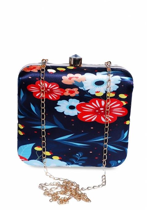 Navy Blue Floral Printed Structured Clutch