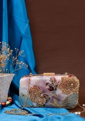 Brown Gold Toned Embroidered Box Clutch