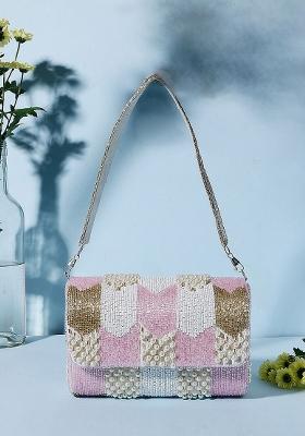 Women Pink White Embroidered Foldover Clutch