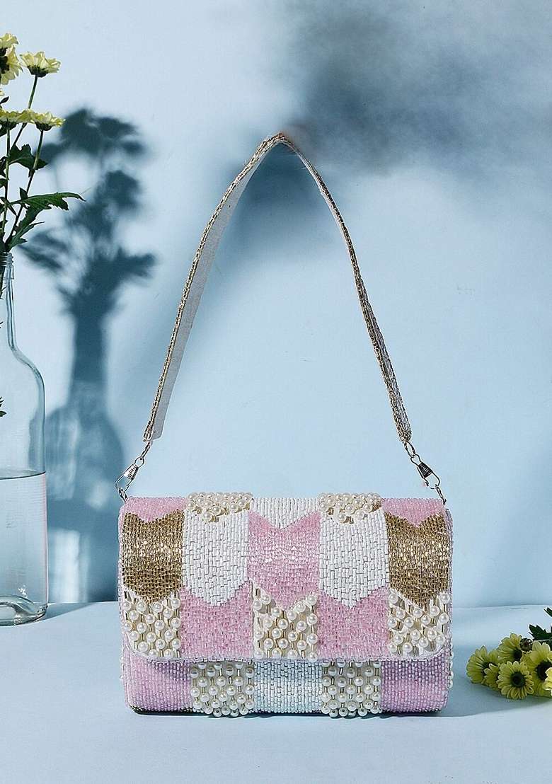 Women Pink White Embroidered Foldover Clutch - Indya