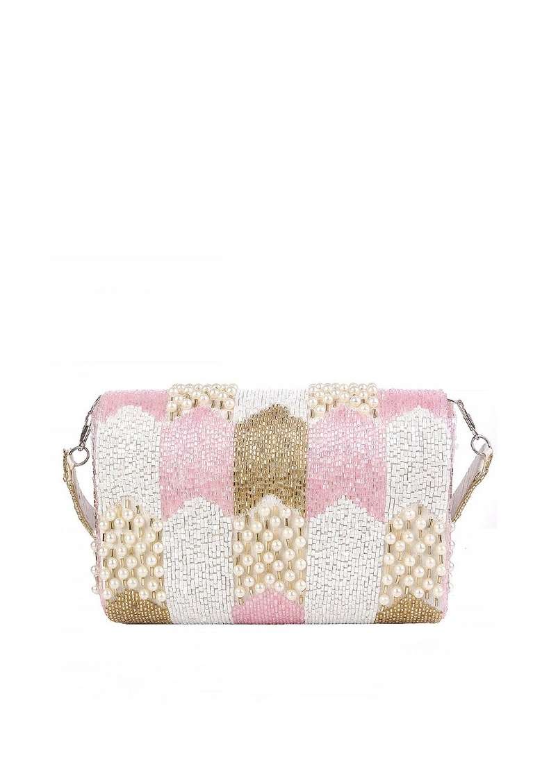 Women Pink White Embroidered Foldover Clutch - Indya